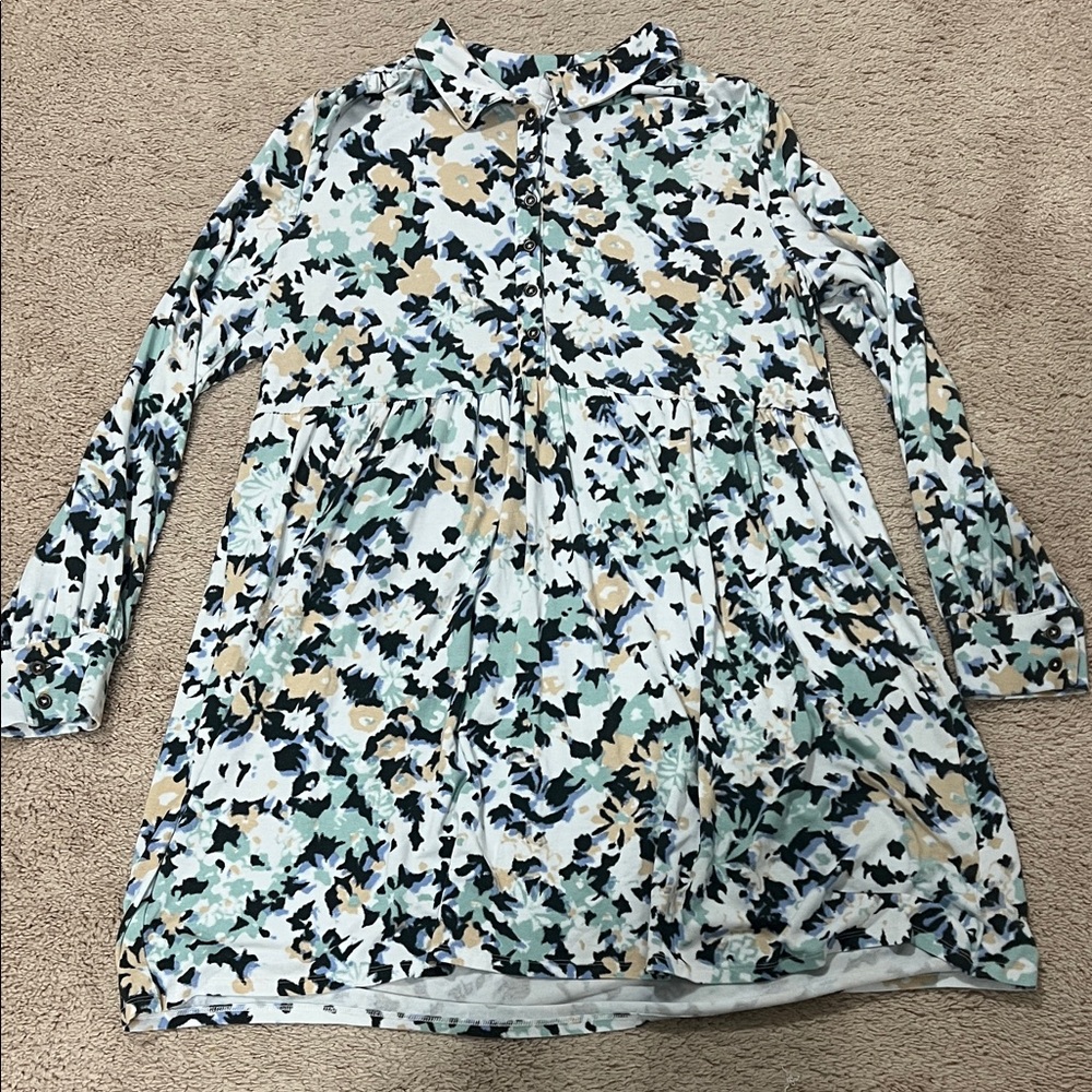 Wonderly Watercolor Floral Long Sleeve Babydoll Dress